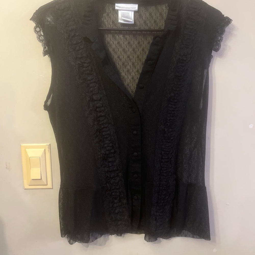 Worthington Black Sheer Ruffle-Trim Button Front Blouse
